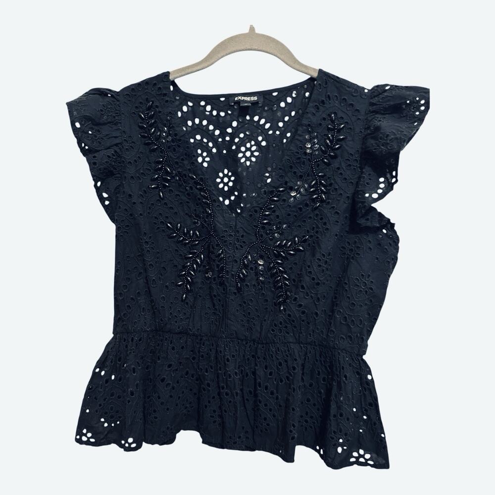 Express Beaded Black Eyelet Ruffle Sleeves Top Whimsigoth Festival Gypsy Size M - Picture 9 of 10
